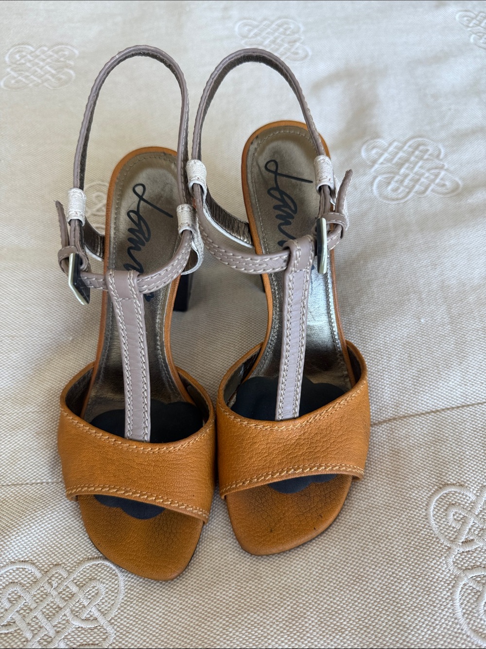 Lanvin Two-Tone Leather T-Strap Heels in Tan and Taupe
